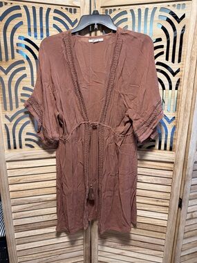 O'Neill Rust Brown Crochet-Trim Open Kimono